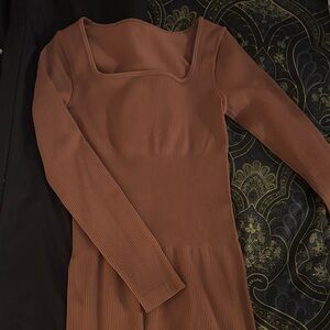 Elegant OQQ Long Sleeve Dress in Warm Brown